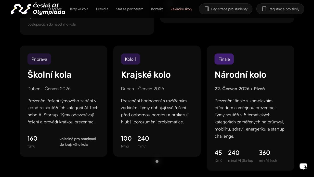 Czech AI Olympiad website showing the national final in Plzeň on 22 June 2026
