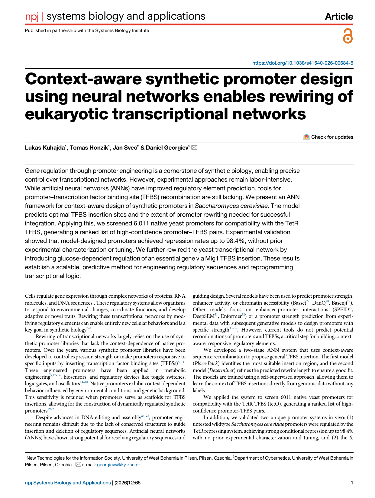 First page of the Nature article on context-aware synthetic promoter design