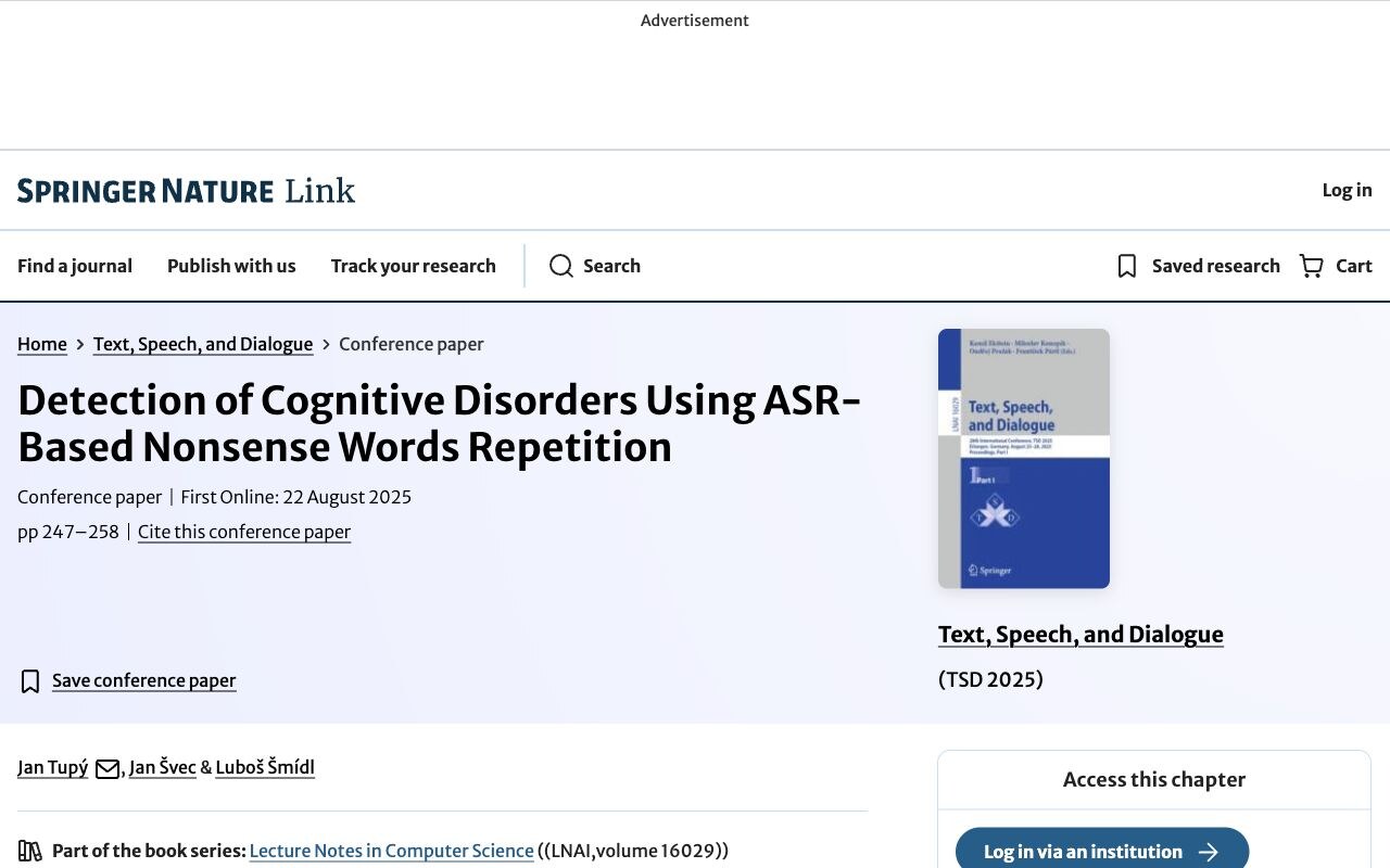 Screenshot of the Springer page for Detection of Cognitive Disorders Using ASR-Based Nonsense Words Repetition
