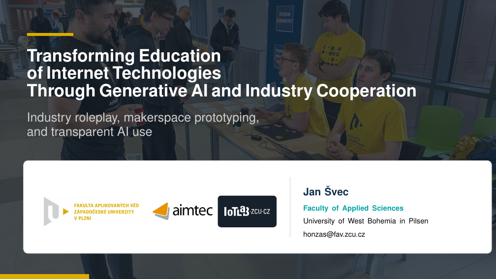Title slide of Jan Švec's presentation on generative AI and industry cooperation in the Internet Technologies course